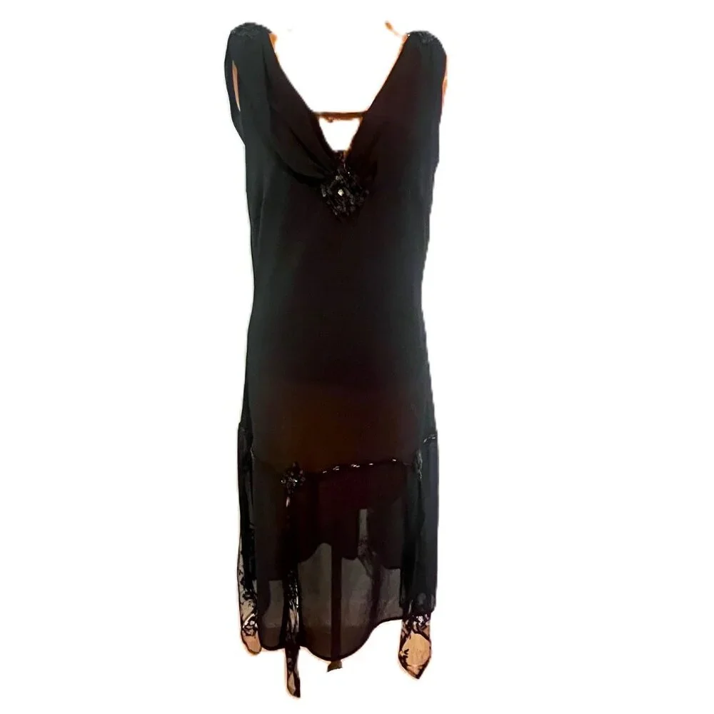 Unique Vintage Flapper Style Dress 2X Black Beaded Sleeveless Lace Sequins Jewel - Picture 14 of 14